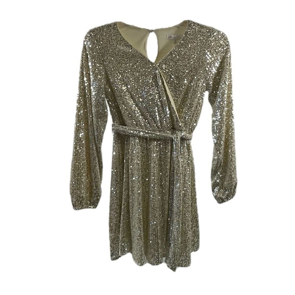 GB Girls NWT Ivory Long Sleeve Sequin Faux Wrap Dress Size M